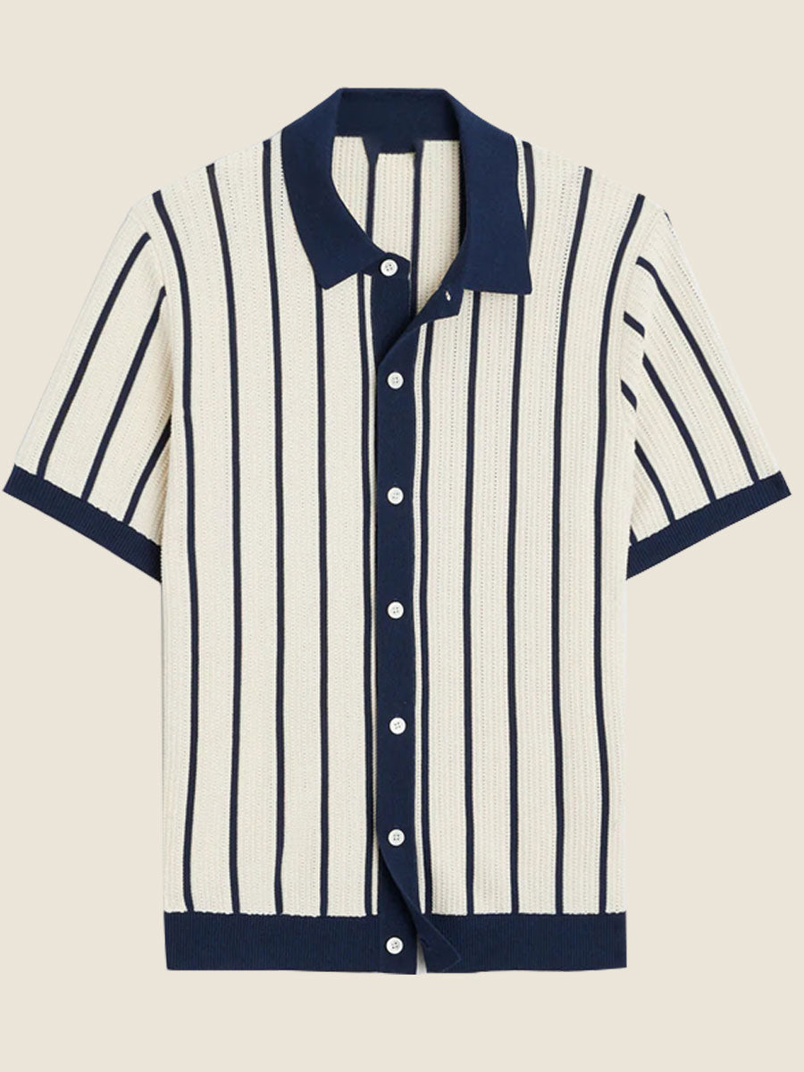 Kurzarm Strickpolo Weiß Gestreift – Sommerliches Retro Herrenpolo