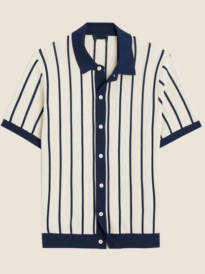 Kurzarm Strickpolo Weiß Gestreift – Sommerliches Retro Herrenpolo