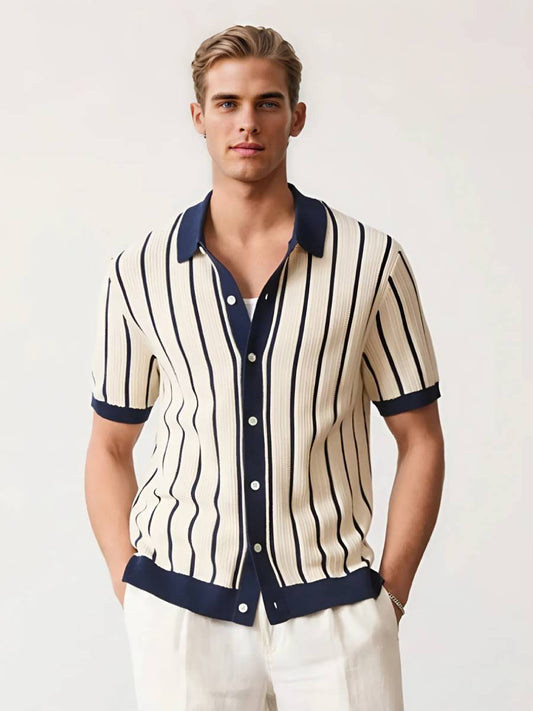 Kurzarm Strickpolo Weiß Gestreift – Sommerliches Retro Herrenpolo