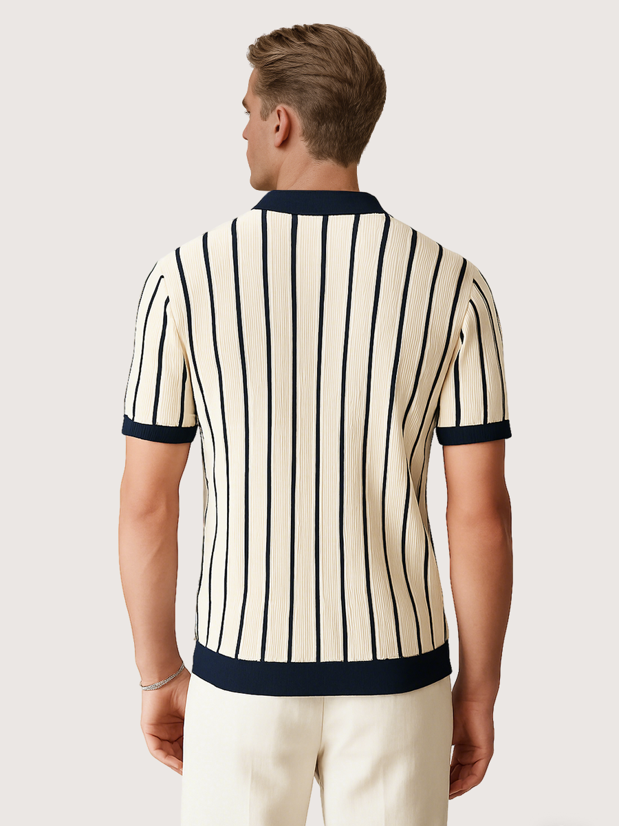 Kurzarm Strickpolo Weiß Gestreift – Sommerliches Retro Herrenpolo